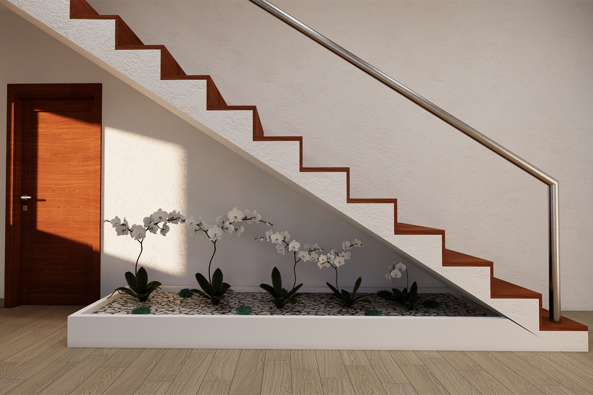 Flower pot under the stairs